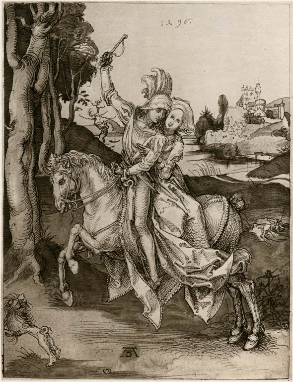 Kunstdruck des Gemäldes „Paar zu Pferde“ von Albrecht Dürer. Hochwertiger Fine-Art-Druck, in Deutschland per Hand gefertigt, erhältlich auf Leinwand oder als Poster.