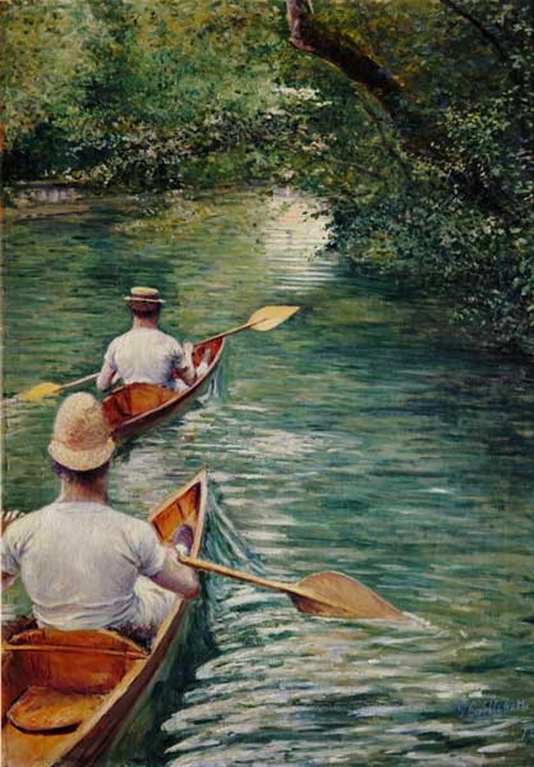 „Paddelboote“ von Gustave Caillebotte – impressionistische Szene mit eleganten Ruderbooten auf ruhigem Wasser und lebendigen Spiegelungen.