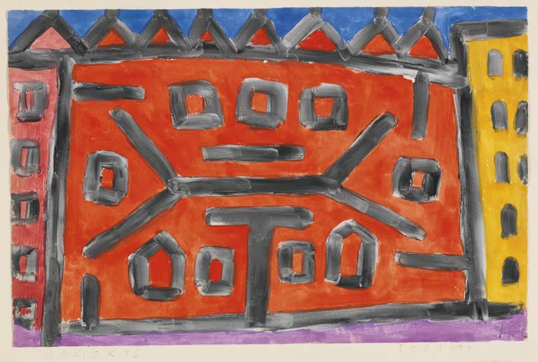 Kunstdruck „Paläste“ von Paul Klee mit abstrakter Architektur und geometrisch angeordneten Formen und Farbflächen