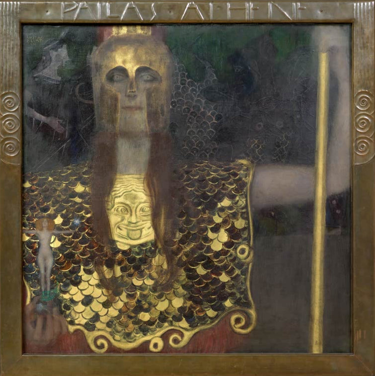 Kunstdruck von „Pallas Athene“ von Gustav Klimt mit mythologischer Darstellung und charakteristischer Jugendstil-Ornamentik. In Deutschland von Hand gefertigt, als Leinwand oder Poster erhältlich.
