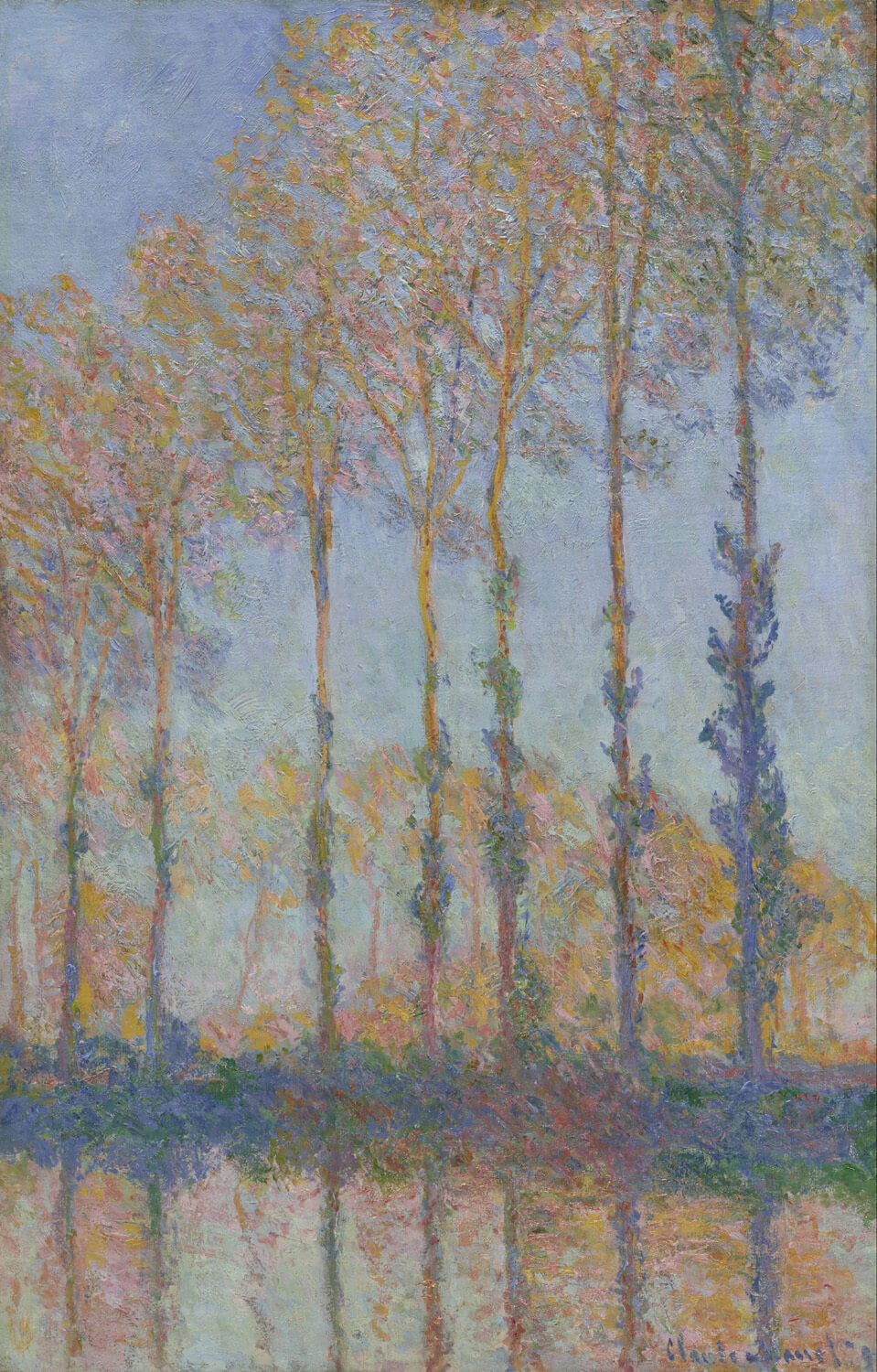 Impressionistische Darstellung hoher Pappeln am Flussufer in warmen Herbstfarben, mit leuchtenden Gelb-, Orange- und Rottönen, reflektiert im Wasser, gemalt von Claude Monet.