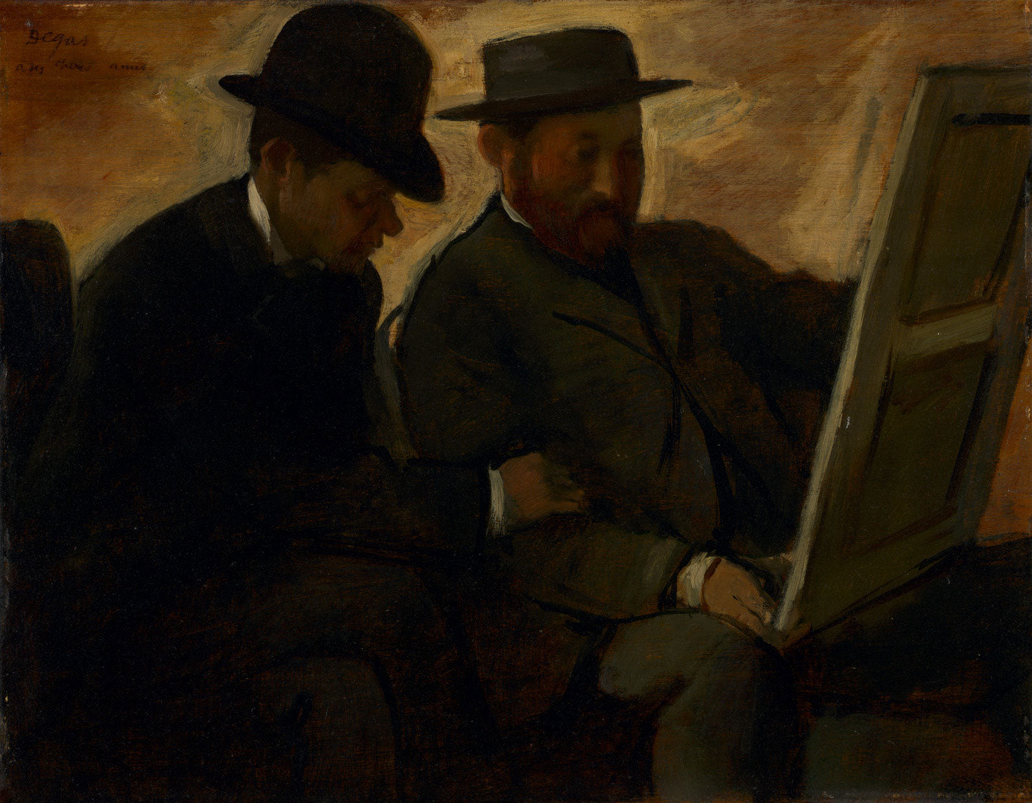Impressionistisches Gemälde von Edgar Degas, das Paul Lafond und Alphonse Cherfils zeigt, wie sie ein Kunstwerk betrachten.