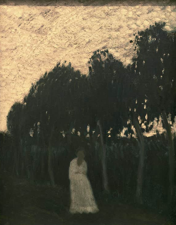 Kunstdruck des Gemäldes Paula im nächtlichen Garten von Otto Modersohn mit einer Frau in einem stimmungsvollen nächtlichen Garten.