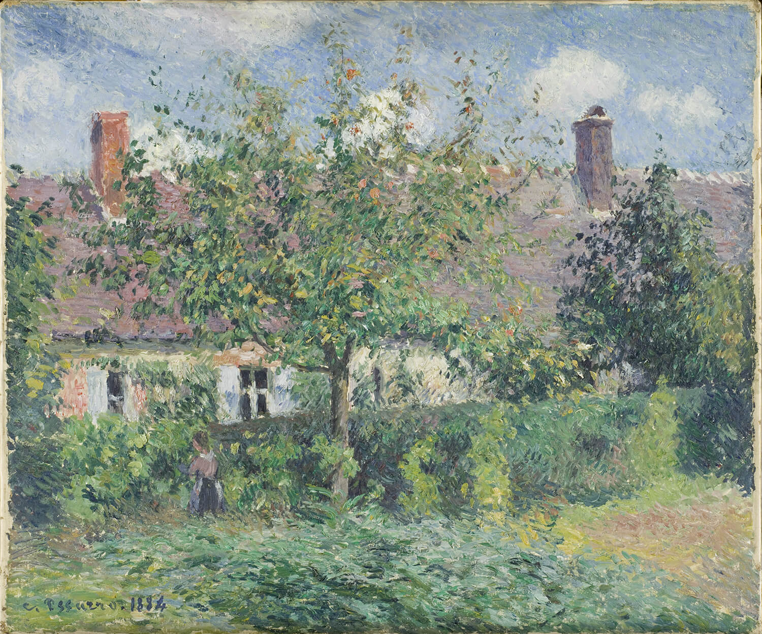 Das Gemälde „Bauernhaus in Éragny“ von Camille Pissarro zeigt ein rustikales Bauernhaus in Éragny, umgeben von üppigem Grün. Der Garten ist von Bäumen und Sträuchern gesäumt, während sanfte Licht- und Schatteneffekte die ländliche Idylle betonen. Pissarros impressionistische Pinselstriche verleihen der Szene Lebendigkeit.