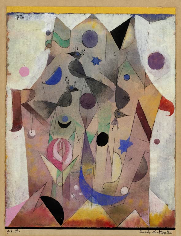 Kunstdruck von „Persische Nachtigallen“ von Paul Klee mit stilisierten Vögeln und poetischer abstrakter Farb- und Formgestaltung.