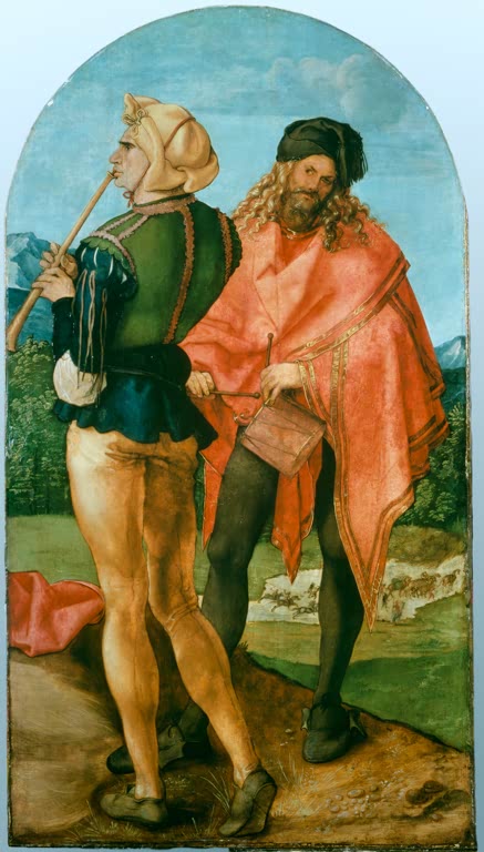 Kunstdruck des Gemäldes „Pfeifer und Trommler“ von Albrecht Dürer. Hochwertiger Fine-Art-Druck, in Deutschland per Hand gefertigt, erhältlich auf Leinwand oder als Poster.