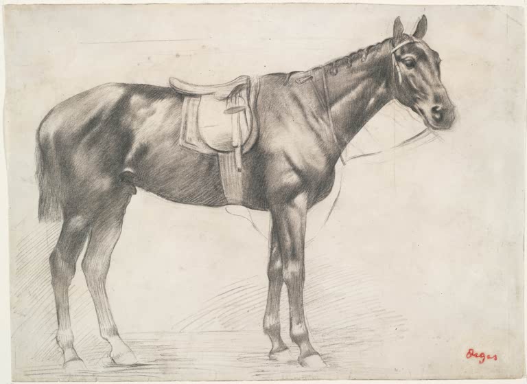 Kunstdruck des Gemäldes Pferd mit Sattel und Zaumzeug von Edgar Degas mit einem gesattelten Pferd mit Zaumzeug.