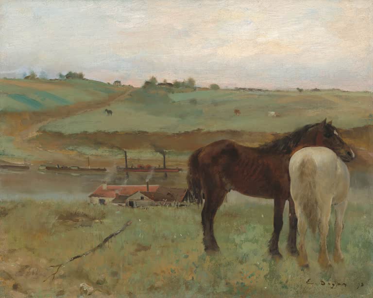 Kunstdruck des Gemäldes „Pferde auf einer Wiese“ von Edgar Degas, detailgetreu umgesetzt und hochwertig in Deutschland produziert.