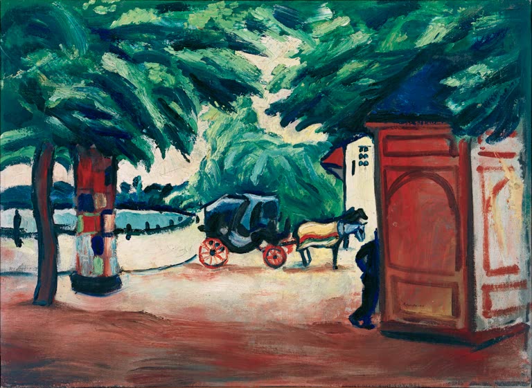 Kunstdruck des Gemäldes „Pferdedroschke an einem Parksee“ von August Macke. Hochwertig in Deutschland von Hand gefertigt, erhältlich als Leinwand oder Poster und optional gerahmt.
