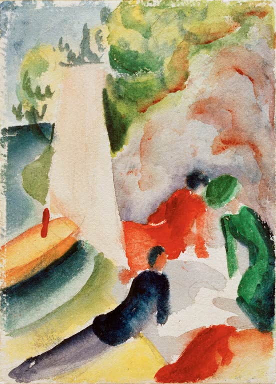 Kunstdruck des Gemäldes „Picknick am Strand“ von August Macke. Hochwertig in Deutschland von Hand gefertigt, erhältlich als Leinwand oder Poster und optional gerahmt.