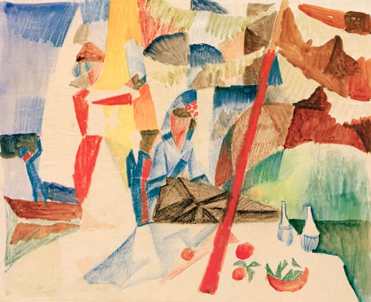 Kunstdruck des Gemäldes „Picknick nach dem Segeln“ von August Macke. Hochwertig in Deutschland von Hand gefertigt, erhältlich als Poster oder Leinwand und optional gerahmt.