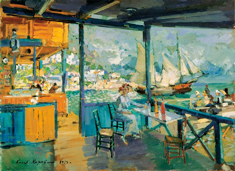 Kunstdruck von „Pier in Gurzuf“ von Konstantin Korovin mit sonniger Terrasse, Blick aufs Meer und lebendiger Küstenstimmung