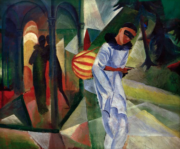 Kunstdruck des Gemäldes „Pierrot“ von August Macke. Hochwertig in Deutschland von Hand gefertigt, erhältlich als Poster oder Leinwand und optional gerahmt.