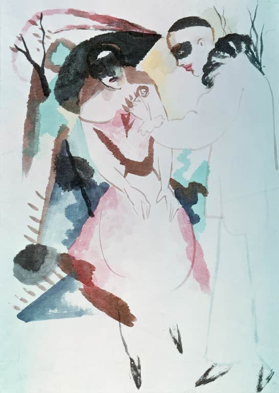Kunstdruck des Gemäldes „Pierrot und Dame“ von August Macke. Hochwertig in Deutschland von Hand gefertigt, erhältlich als Poster oder Leinwand und optional gerahmt.