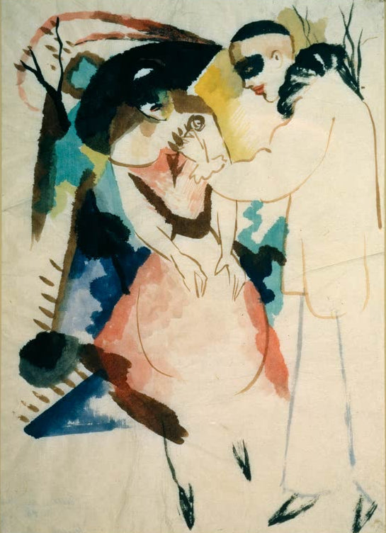 Kunstdruck des Gemäldes „Pierrot und Dame“ von August Macke. Hochwertig in Deutschland von Hand gefertigt, erhältlich als Poster oder Leinwand mit optionaler Rahmung.
