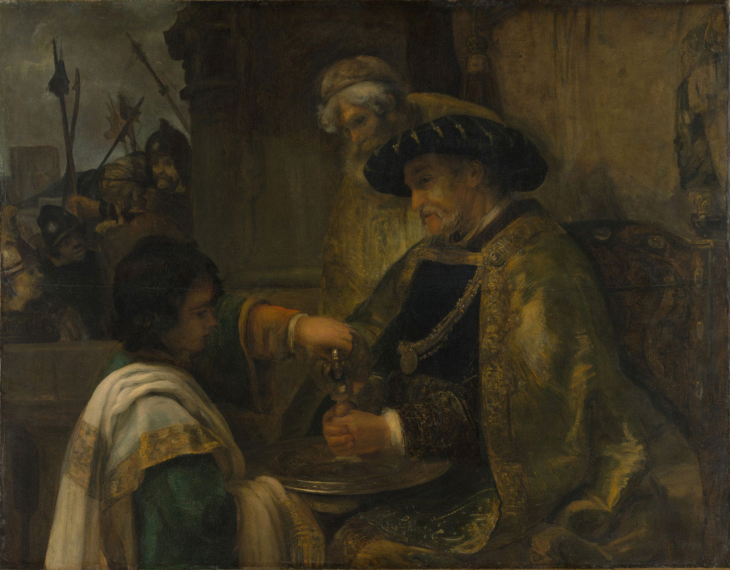 Pilatus wäscht sich die Hände, gemalt von Rembrandt van Rijn, zeigt Pontius Pilatus in einem dramatischen Moment, umgeben von warmen Brauntönen und starkem Licht-Schatten-Spiel, das die symbolische Handlung der Abwendung von Verantwortung verstärkt.