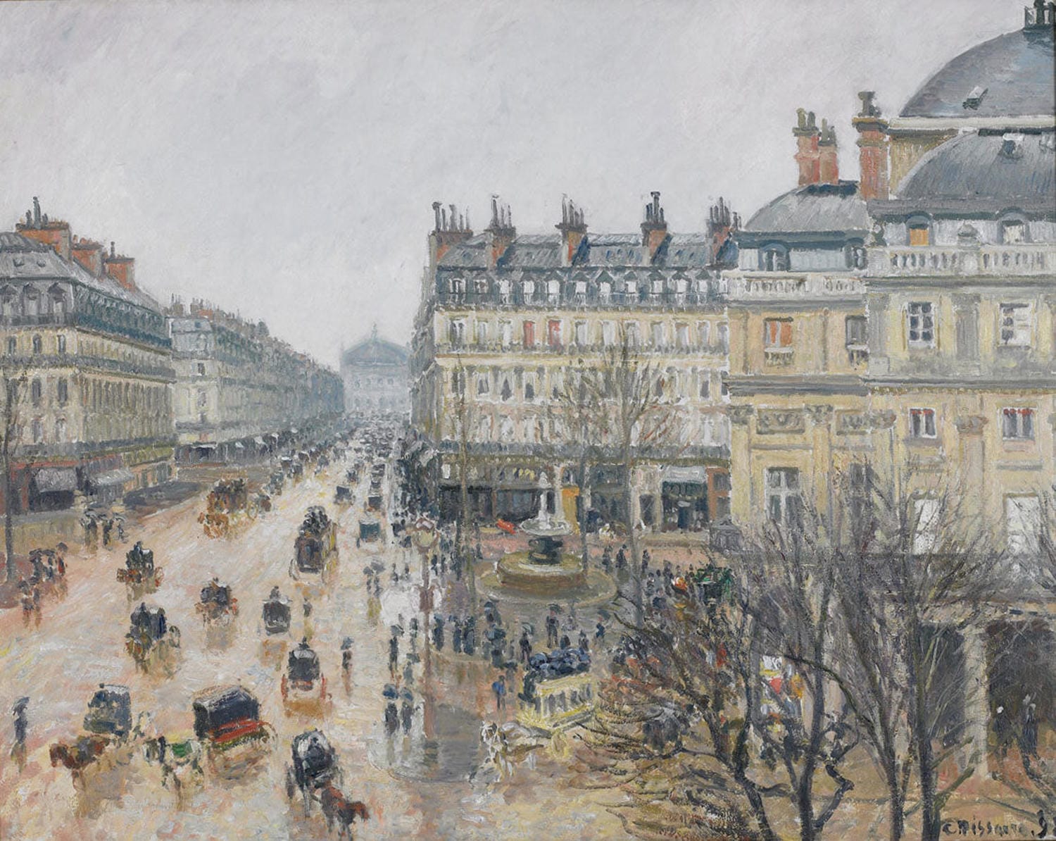 Impressionistisches Gemälde Place du Théâtre Français, Paris: Regen von Camille Pissarro mit regennasser Straße, Kutschen und belebtem Stadtleben.