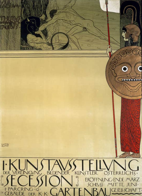 Kunstdruck von „Plakat der ersten Secessionsausstellung“ von Gustav Klimt mit ikonischem Jugendstil-Design und kunsthistorischer Bedeutung. In Deutschland von Hand gefertigt.