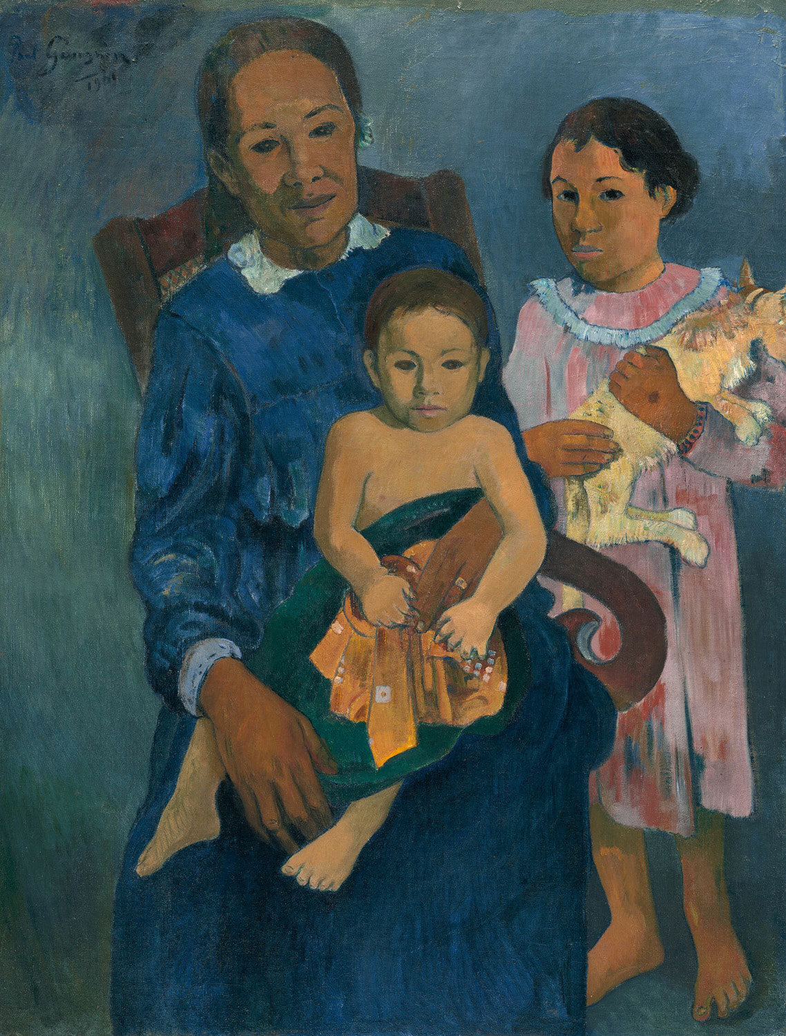 Polynesian Woman with Children von Paul Gauguin – Post-Impressionistisches Gemälde einer polynesischen Frau mit Kindern in tropischer Umgebung.