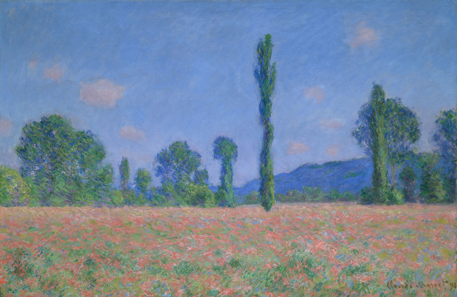 Ein lebendiges Mohnfeld in der französischen Landschaft, mit sanftem grünen Gras und den sanften Hügeln von Giverny, gemalt von Claude Monet. Die Szene fängt das sanfte Zusammenspiel von Licht und Farbe ein und zeigt Monets charakteristischen impressionistischen Stil. Der Himmel ist ruhig und friedlich und vermittelt ein Gefühl von Gelassenheit und natürlicher Schönheit.