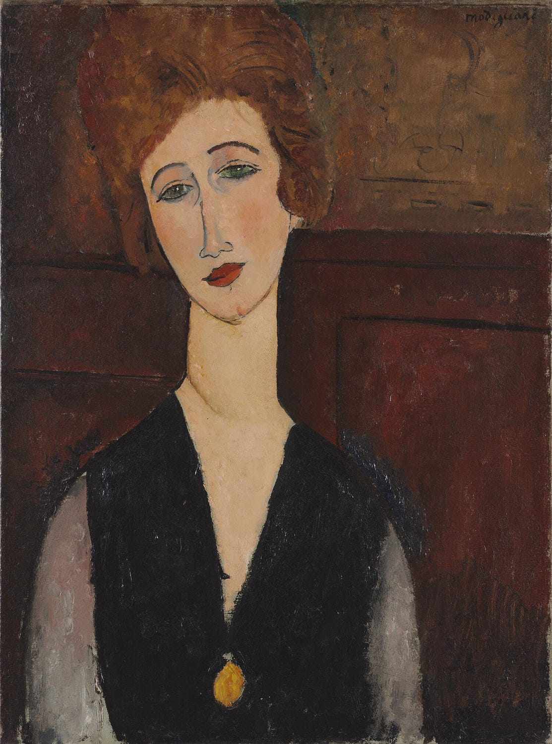 Porträt einer Frau von Amedeo Modigliani, ein stilisiertes Gemälde mit verlängertem Gesicht, mandelförmigen Augen und sanften Erdtönen, im Hintergrund dezente, warme Farbabstufungen.