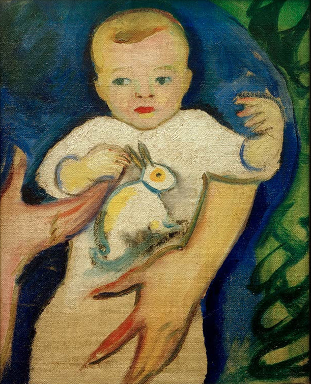 Kunstdruck des Gemäldes „Porträt Walter Macke mit Häschen“ von August Macke. Hochwertig in Deutschland von Hand gefertigt, erhältlich als Poster oder Leinwand und optional gerahmt.