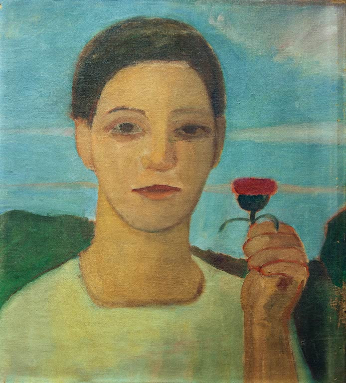 Kunstdruck von Porträt der Schwester Herma mit Artischockenblüte in der er von Paula Modersohn-Becker – ausdrucksstarkes Porträt mit Blume als hochwertiger Kunstdruck.
