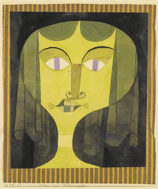Kunstdruck „Porträt einer Frau mit violetten Augen“ von Paul Klee mit abstrahiertem Frauenporträt und violetten Augen