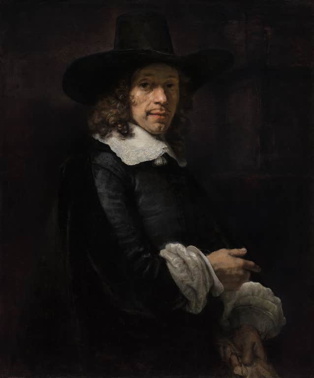 Kunstdruck „Porträt eines Herrn mit hohem Hut und Handschuhen“ von Rembrandt van Rijn