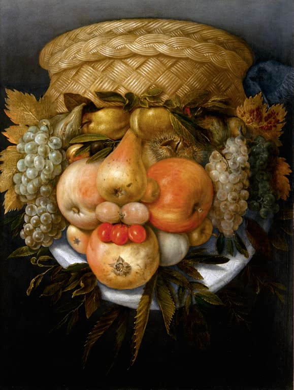 Kunstdruck „Porträt eines Mannes aus Früchten“ von Giuseppe Arcimboldo mit einem aus verschiedenen Früchten zusammengesetzten Männergesicht