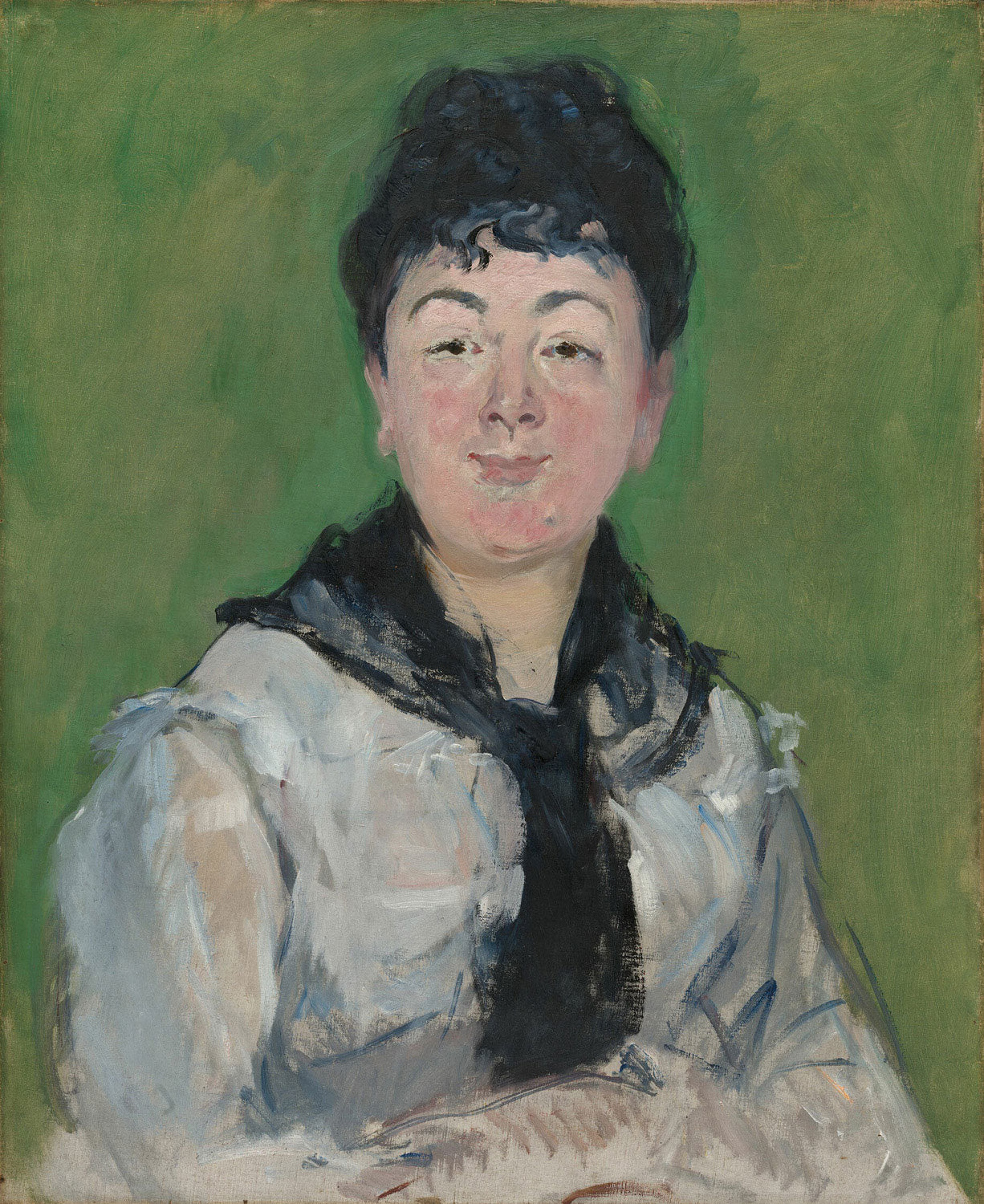 Das Gemälde "Porträt einer Frau mit schwarzem Fichu" von Édouard Manet zeigt eine Frau in einem schlichten schwarzen Fichu, das ihre Schultern umhüllt. Ihr Blick ist ruhig und selbstbewusst. Der Hintergrund ist dunkel und unauffällig, wodurch der Fokus auf ihrem Gesicht und ihrer Kleidung liegt.