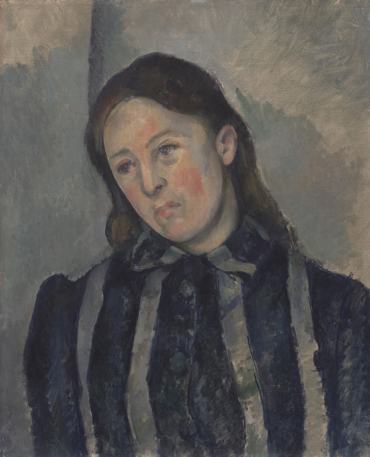 Porträt von Madame Cézanne von Paul Cézanne – postimpressionistisches Porträt mit sanften Farben und strukturierten Pinselstrichen, das die ruhige Präsenz von Hortense Fiquet einfängt.