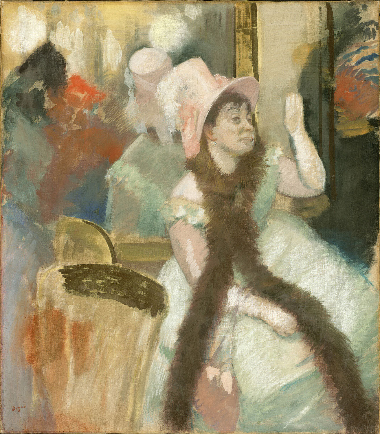 Porträt von Madame Dietz-Monnin nach einem Kostümball, gemalt von Edgar Degas. Die Frau sitzt in einem prachtvollen Kleid mit nachdenklichem Ausdruck, vor einem dezenten Hintergrund, der die Eleganz und Stimmung des Moments betont.