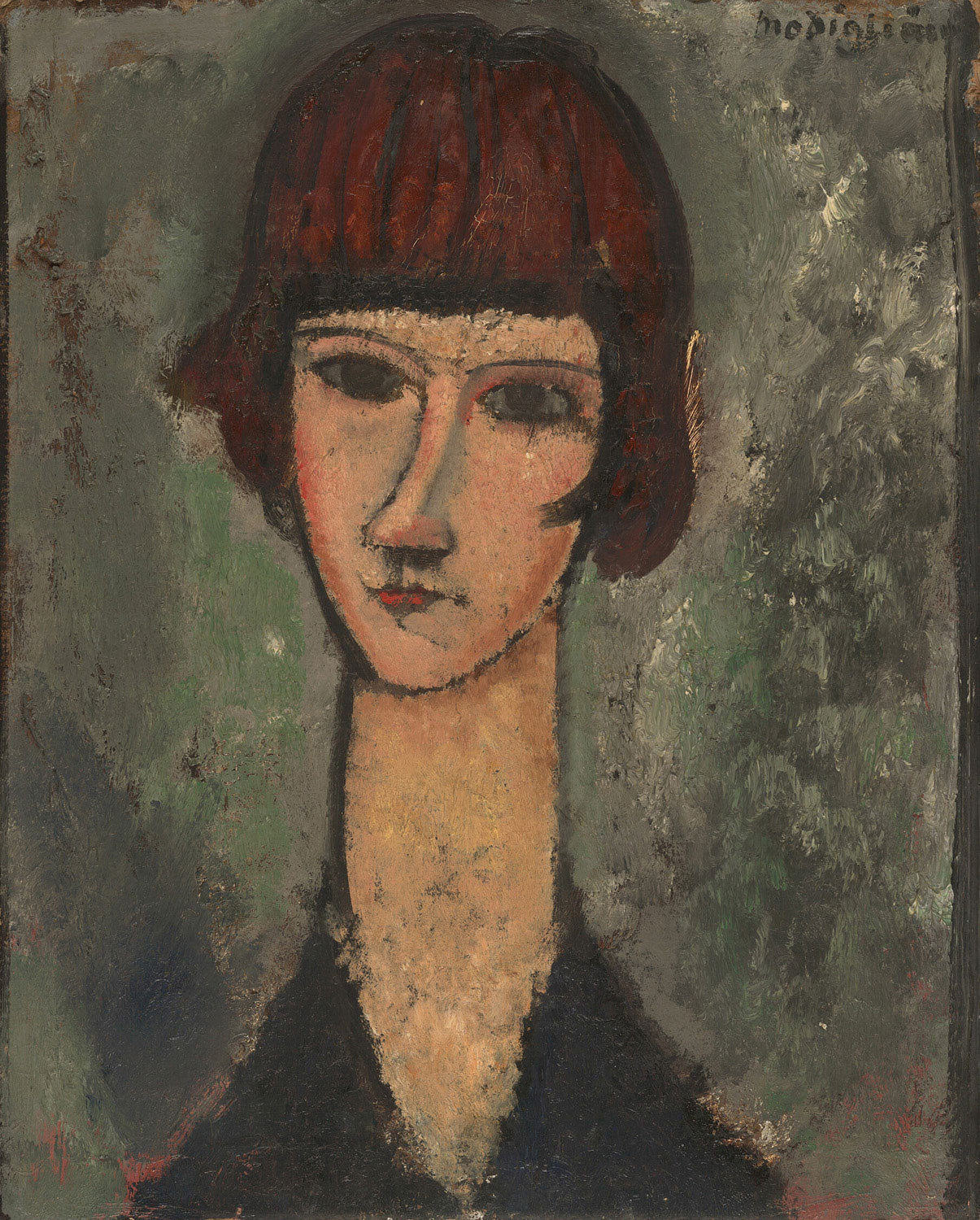 Kunstkopie des Gemäldes 'Porträt einer Frau' von Amedeo Modigliani, das eine elegante Frau mit verlängerten Gesichtszügen und sanften Farben darstellt, die Anmut und Geheimnis ausstrahlt.