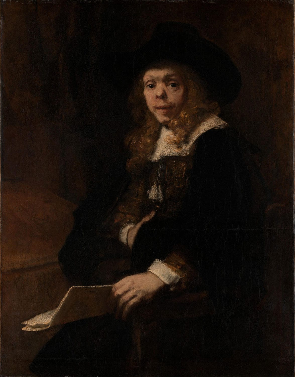 Porträt von Gerard de Lairesse, gemalt von Rembrandt van Rijn im Barockstil, mit detaillierter Darstellung von Gesicht und Kleidung und dramatischer Lichtführung.