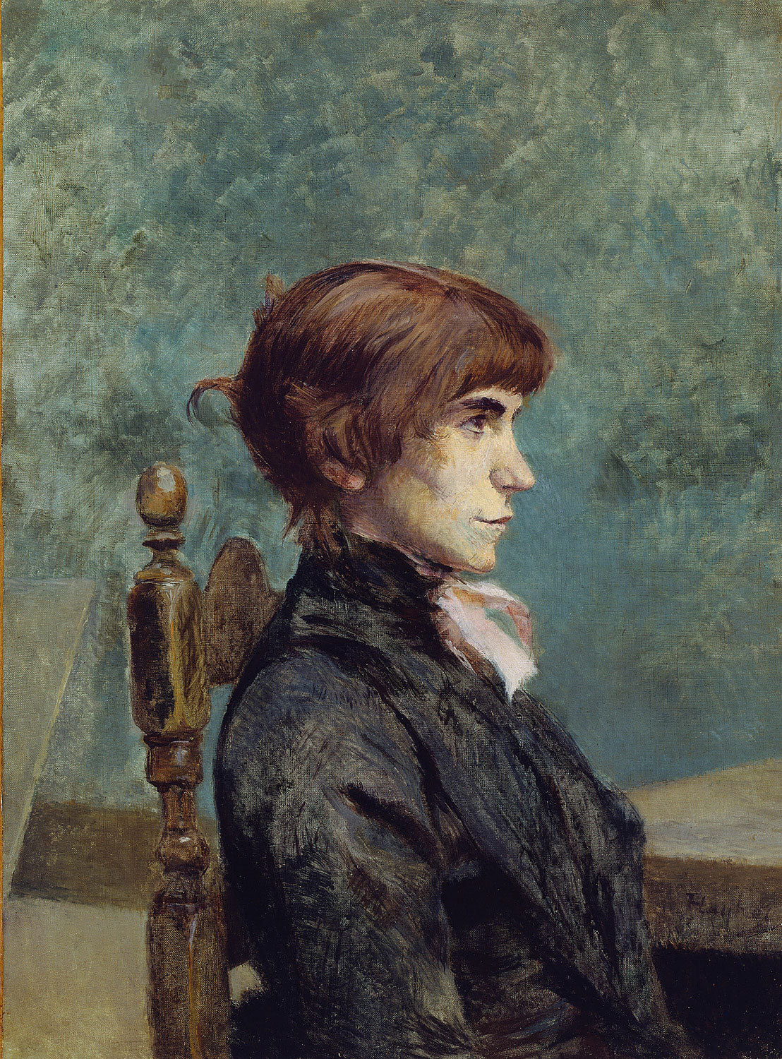 „Portrait de Jeanne Wenz“ von Henri de Toulouse-Lautrec zeigt eine lebendige und intime Darstellung von Jeanne Wenz, eingefangen mit subtilen Farben und kräftigen Pinselstrichen.