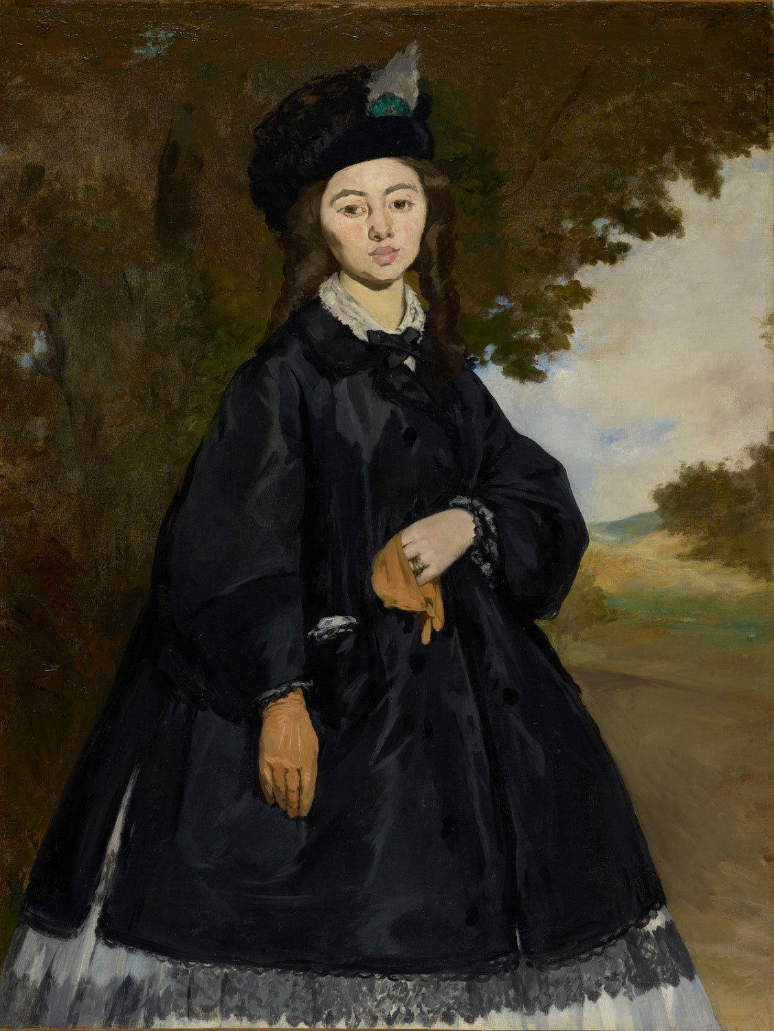 Édouard Manet Gemälde „Porträt von Madame Brunet“ – realistisches Porträt einer eleganten Frau in dunkler Kleidung mit ausdrucksstarkem Blick.