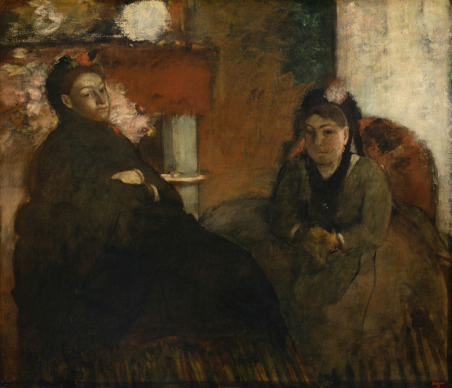 Unvollendetes Porträt von Edgar Degas, das zwei Frauen in einer düsteren und intimen Atmosphäre zeigt. Links ist Mme Lisle, rechts Mme Loubens, beide elegant gekleidet. Sie waren Freunde der Familie Manet und Teil von Degas' sozialem Umfeld.