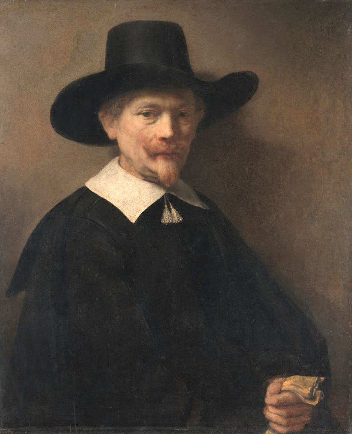 Porträt eines Mannes mit Handschuhen, gemalt von Rembrandt van Rijn, zeigt einen Mann in eleganter Haltung mit einem Handschuh in der Hand, umgeben von warmen Brauntönen und einem meisterhaften Licht-Schatten-Spiel.
