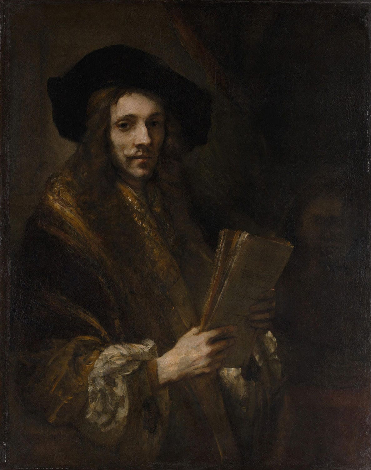 Porträt eines Mannes in prächtiger Kleidung, gemalt von Rembrandt van Rijn im Barockstil, mit lebendigen Details und dramatischer Lichtführung.