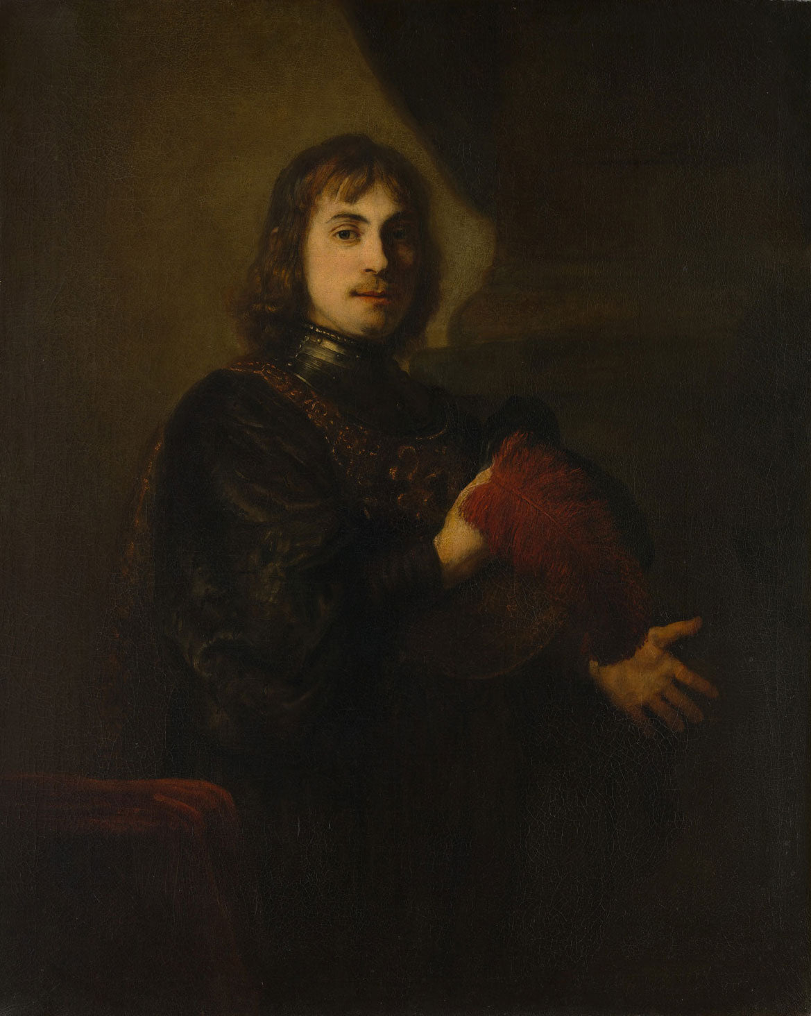 Porträt eines Mannes mit Brustpanzer und Federhut, gemalt von Rembrandt van Rijn, zeigt einen Mann in prächtiger militärischer Kleidung, umgeben von warmen Brauntönen und meisterhaftem Licht-Schatten-Spiel, das die Rüstung und den Gesichtsausdruck betont.