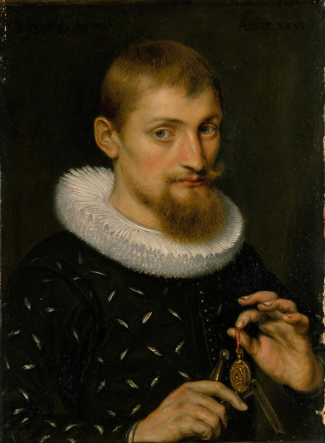 Porträt eines Mannes von Peter Paul Rubens, möglicherweise ein Architekt oder Geograph. Detaillierte Darstellung mit ausdrucksstarkem Blick, warmen Farbtönen und meisterhafter Lichtführung.