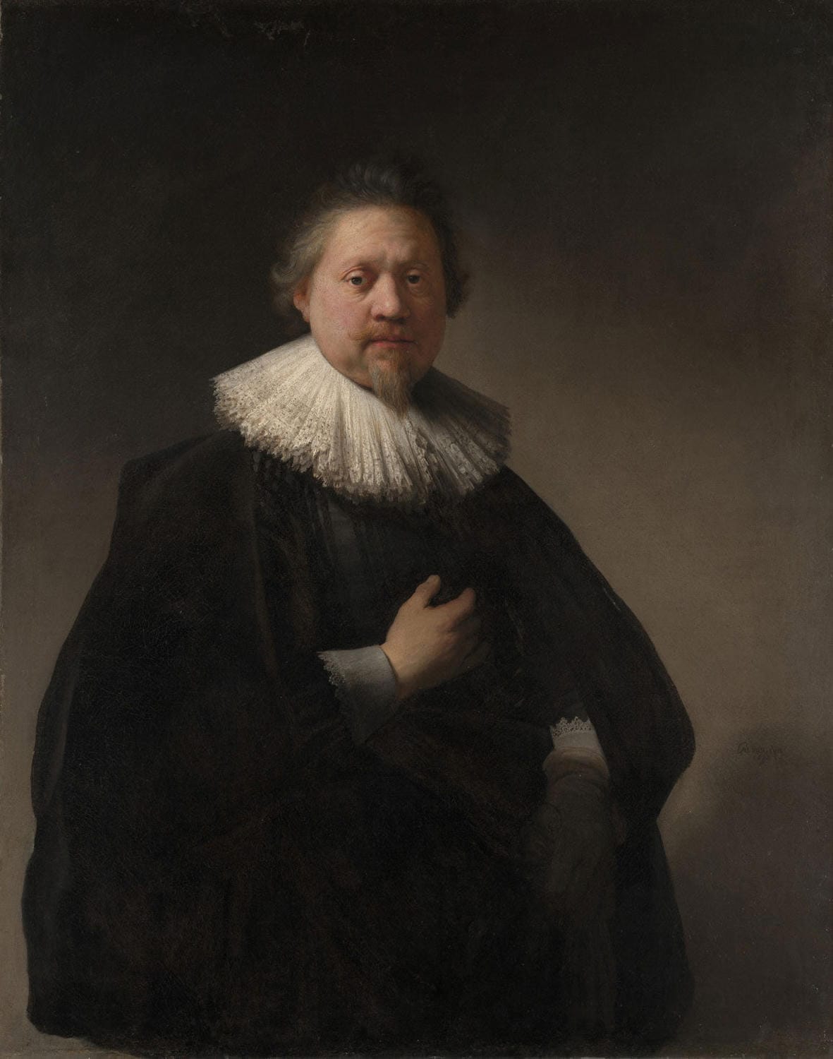 Porträt eines Mannes, vermutlich eines Mitglieds der Familie Van Beresteyn, gemalt von Rembrandt van Rijn, mit warmen Brauntönen, goldenen Akzenten und detailreichem Licht-Schatten-Spiel.