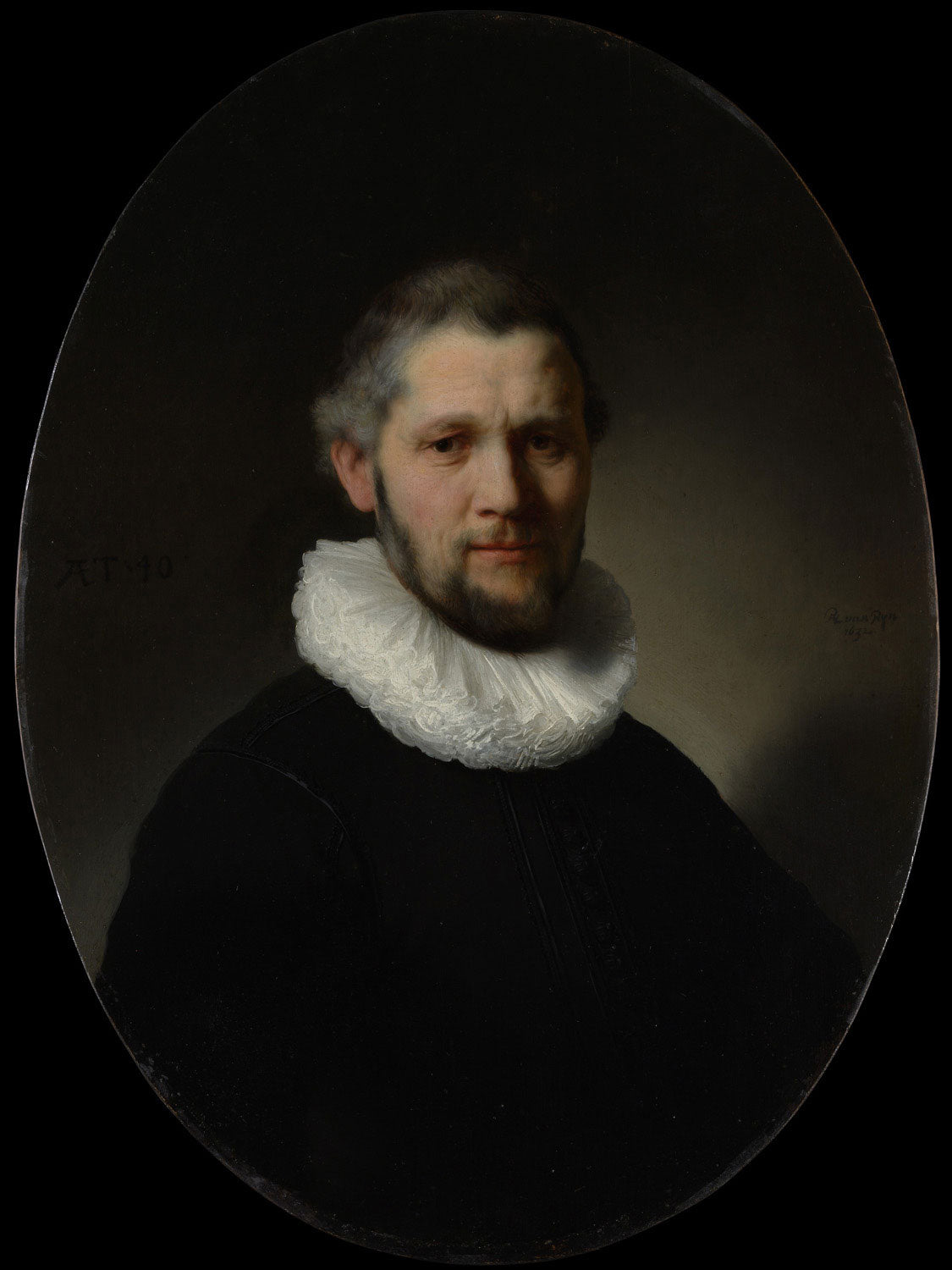 Porträt eines Mannes, gemalt von Rembrandt van Rijn, zeigt einen Mann in eleganter Kleidung, umgeben von warmen Brauntönen und Goldakzenten, mit intensiven Licht-Schatten-Effekten, die die Details und den Ausdruck betonen.