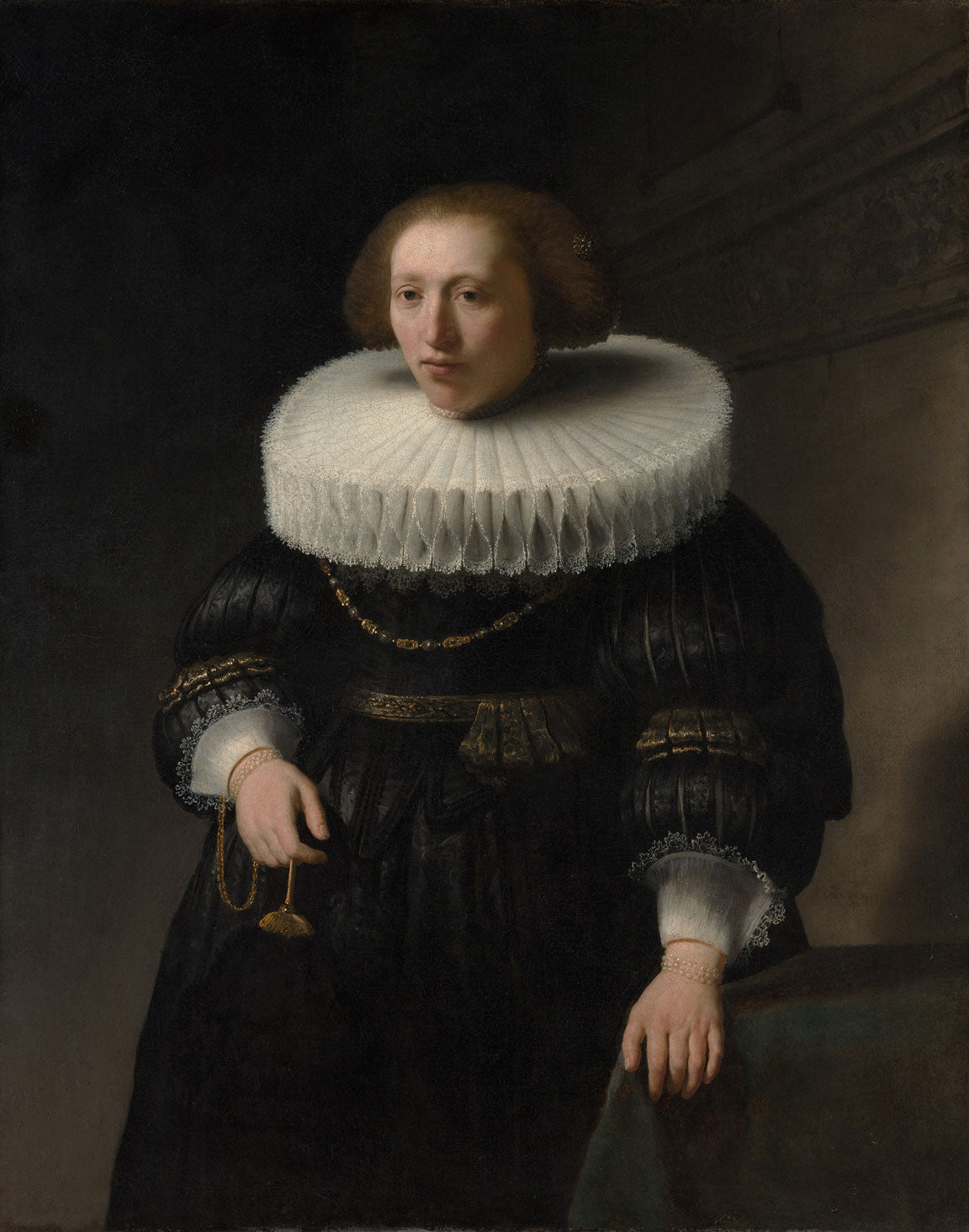 Porträt einer Frau, vermutlich aus der Familie Van Beresteyn, gemalt von Rembrandt van Rijn, mit warmen Brauntönen, goldenen Akzenten und detailreichem Licht-Schatten-Spiel.