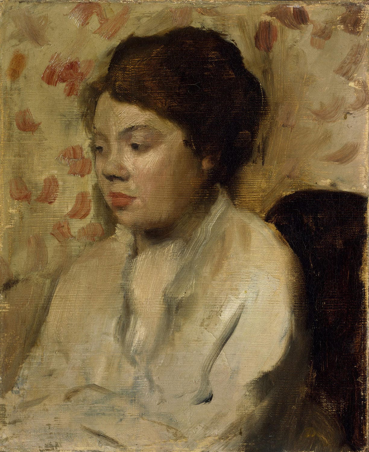 Impressionistisches Gemälde von Edgar Degas: Eine junge Frau mit nachdenklichem Blick, skizzenhaft dargestellter Hintergrund und Kleidung, subtile Farbpalette.