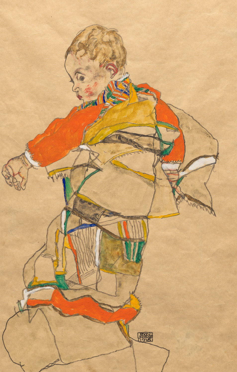 Expressionistisches Porträt 'Porträt von einem Kind (Anton Peschka, Jr.)' von Egon Schiele, das ein Kind mit intensiven Gesichtszügen und einem eindrucksvollen, direkten Blick darstellt.