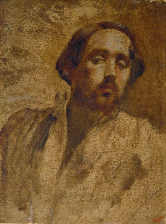 Kunstdruck des Gemäldes „Portrait de l'artiste en blouse d'atelier“ von Edgar Degas mit dem Porträt des Künstlers in Arbeitskleidung. Hochwertig in Deutschland per Hand gefertigt, erhältlich als Poster oder Leinwand.