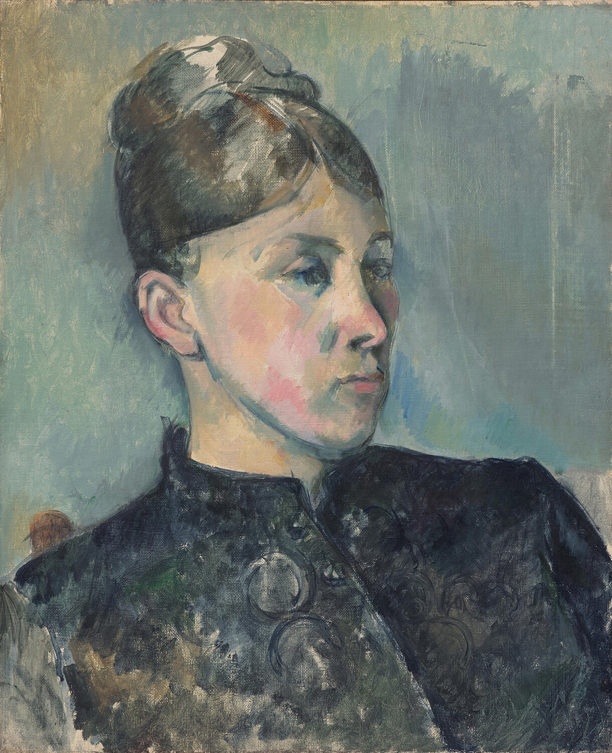 Porträt von Madame Cézanne von Paul Cézanne – postimpressionistisches Porträt mit sanften Farben und strukturierten Pinselstrichen, das die ruhige Präsenz von Hortense Fiquet einfängt.