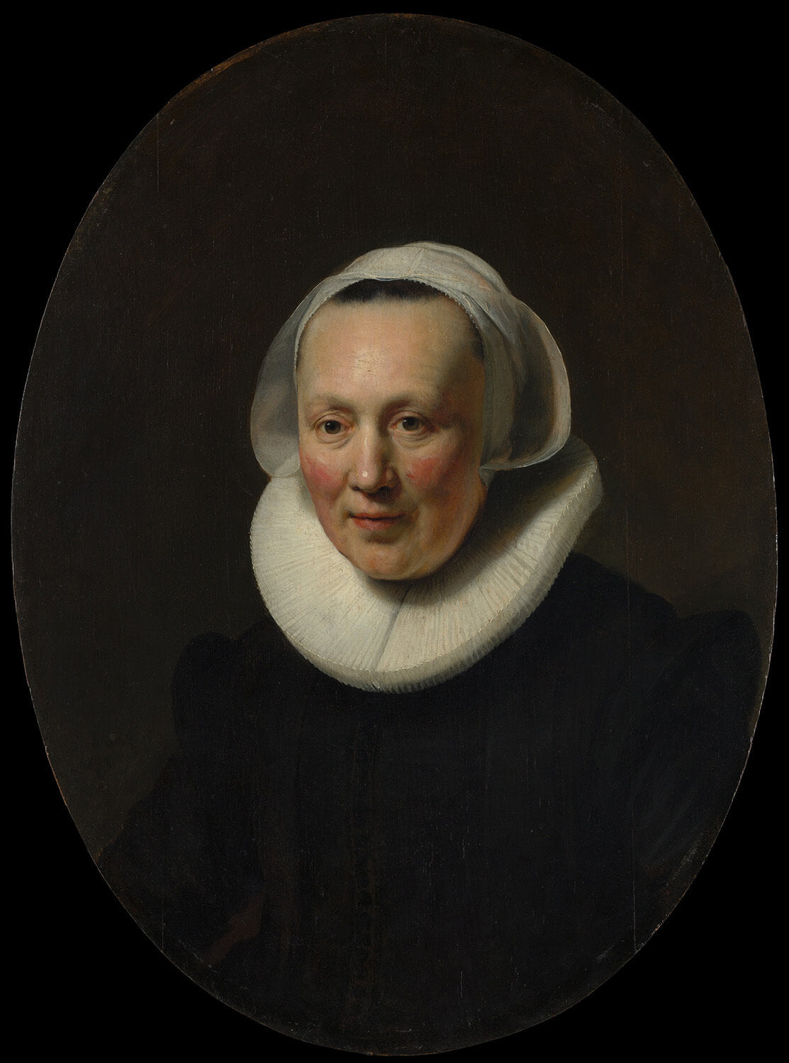 Porträt einer Frau, gemalt von Rembrandt van Rijn, mit warmen Brauntönen, goldenen Akzenten und detaillierter barocker Kleidung, meisterhaft inszeniert durch Licht und Schatten.